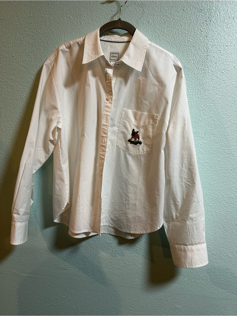 Maeve women’s white button down shirt French bulldog embroidered